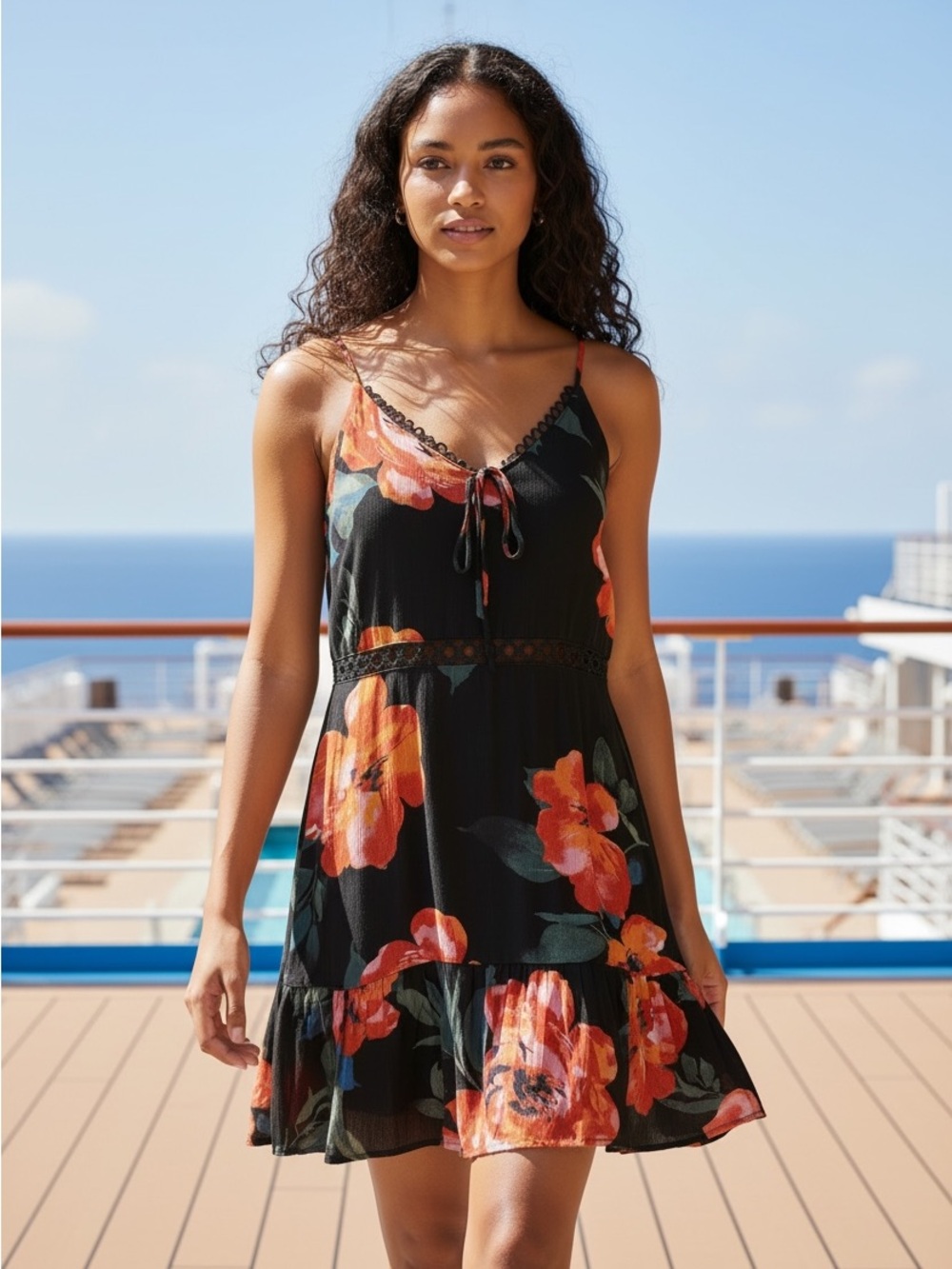 Lulu's Black Floral Tie-Front Spaghetti Strap Sundress M